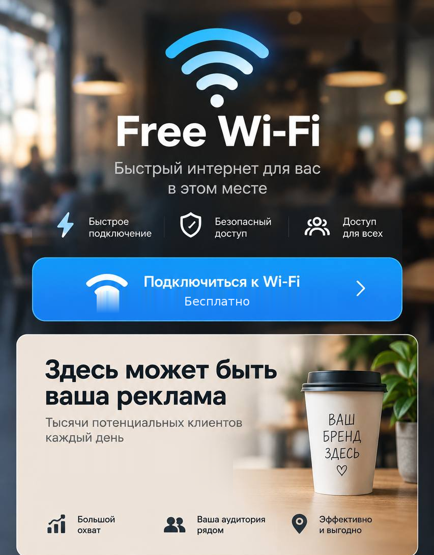 Бесплатный гостевой Wi-Fi. Здесь может быть ваша реклама.